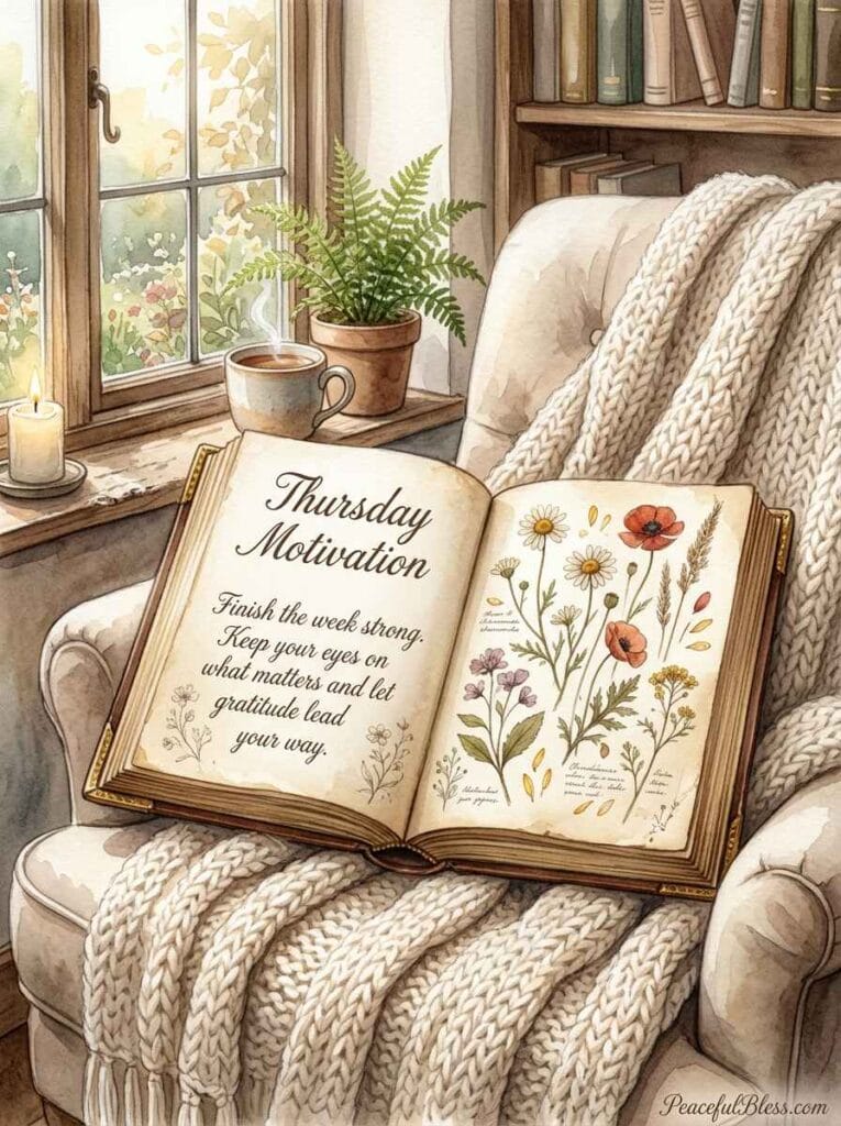 A cozy watercolor reading nook with an open vintage book, a chunky knitted blanket, and delicate pressed flowers.