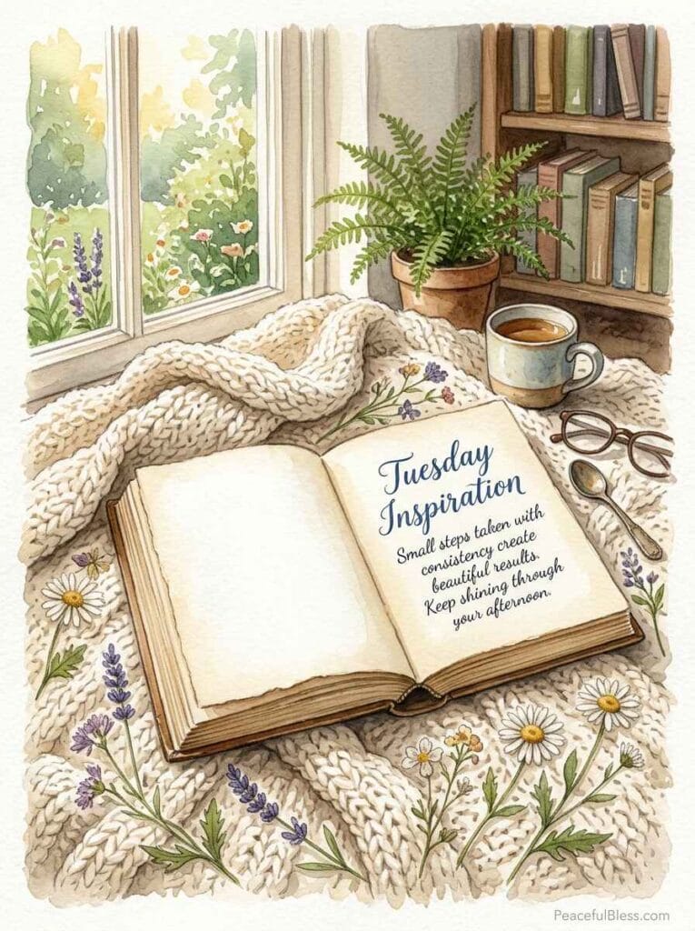 A cozy watercolor reading nook with an open vintage book, a chunky knitted blanket, and delicate pressed flowers in afternoon light.