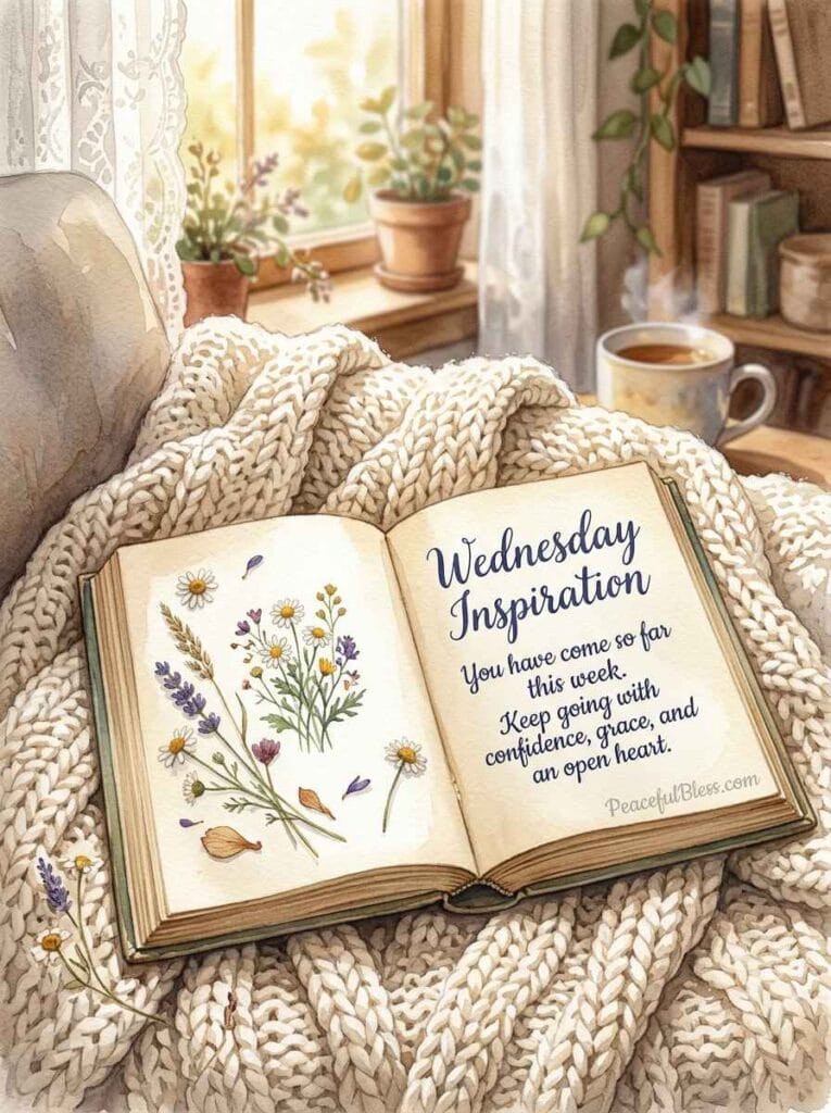 A cozy watercolor reading nook with an open vintage book, a chunky knitted blanket, and delicate pressed flowers in afternoon light.