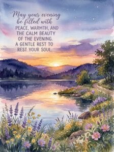 A beautiful morning river reflecting a golden sunrise with blooming pink blossoms, featuring a peaceful morning blessing quote.
