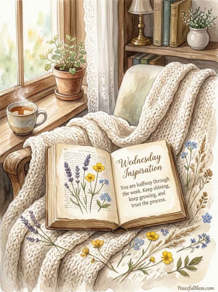 A cozy watercolor reading nook with an open vintage book, a chunky knitted blanket, and delicate pressed flowers.