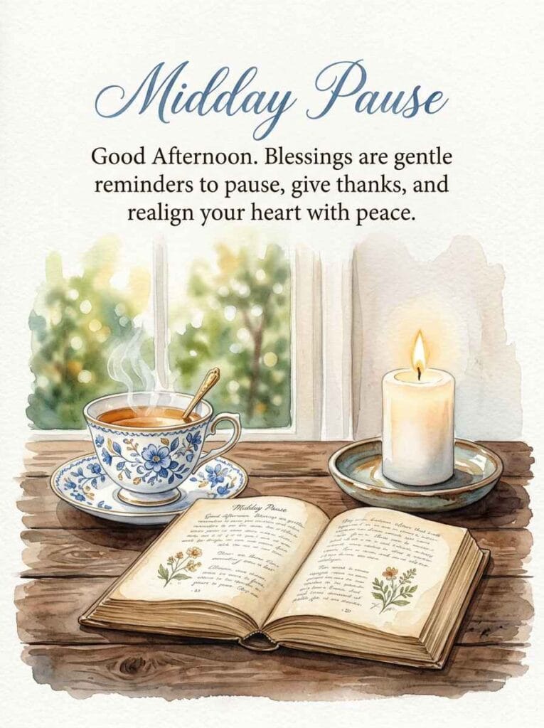 A delicate watercolor painting of a lit candle, a teacup, and an open vintage book on a soft cotton cloth, representing an afternoon pause.