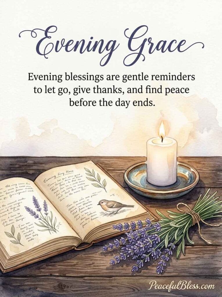 A delicate watercolor painting of a lit candle, lavender sprigs, and an open vintage book on a soft cotton cloth, representing a peaceful pause at the end of the day.