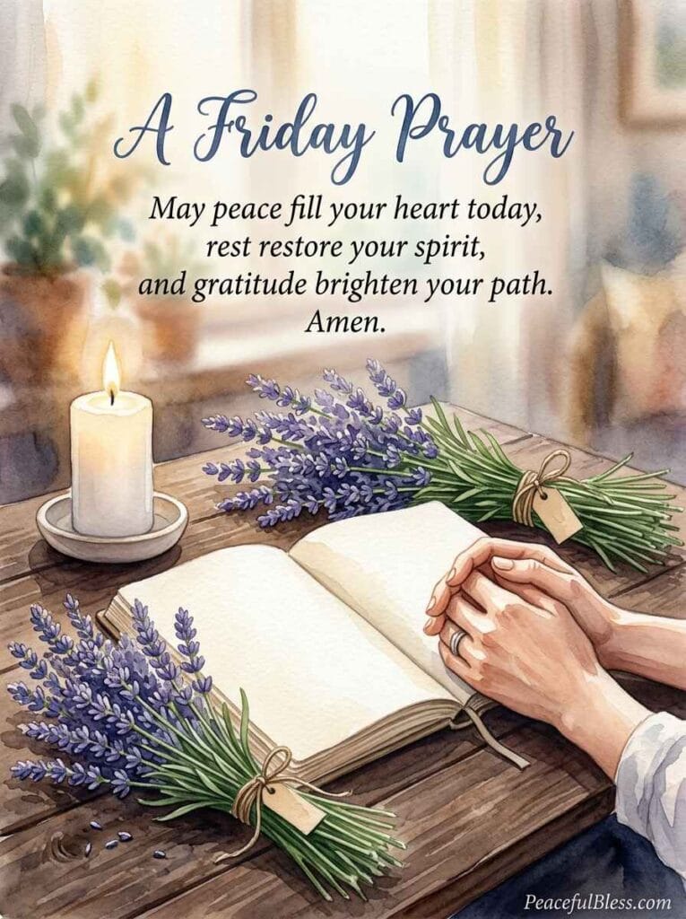 A deeply peaceful watercolor illustration of an open linen journal surrounded by lavender and a glowing white candle for a Friday prayer.