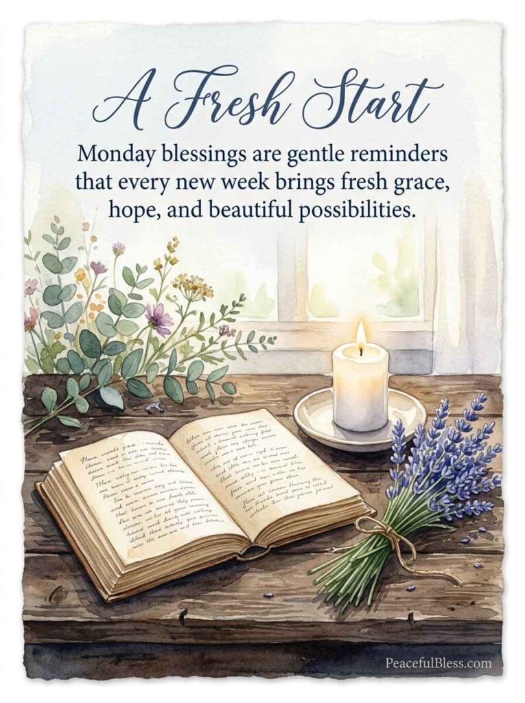 A delicate watercolor painting of a lit candle, lavender sprigs, and an open vintage book on a soft cotton cloth, representing a peaceful start to the new week.