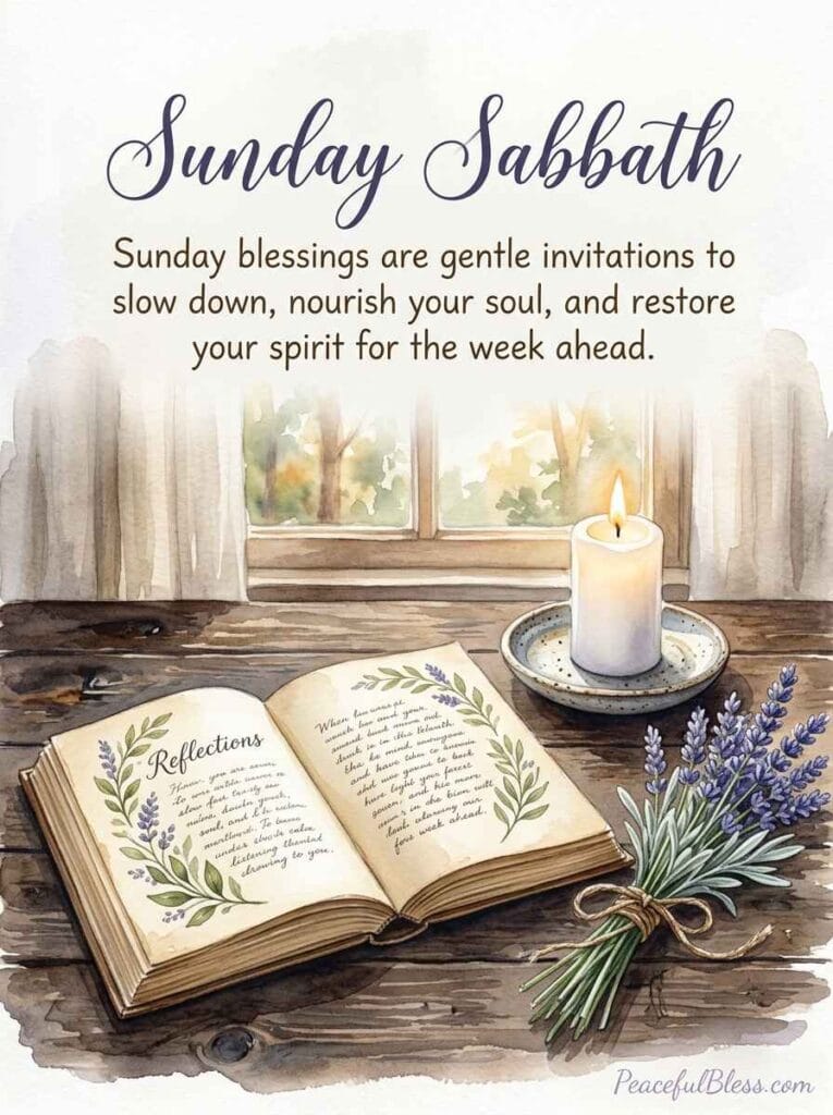 A delicate watercolor painting of a lit candle, lavender sprigs, and an open vintage book on a soft cotton cloth, representing Sunday reflection.