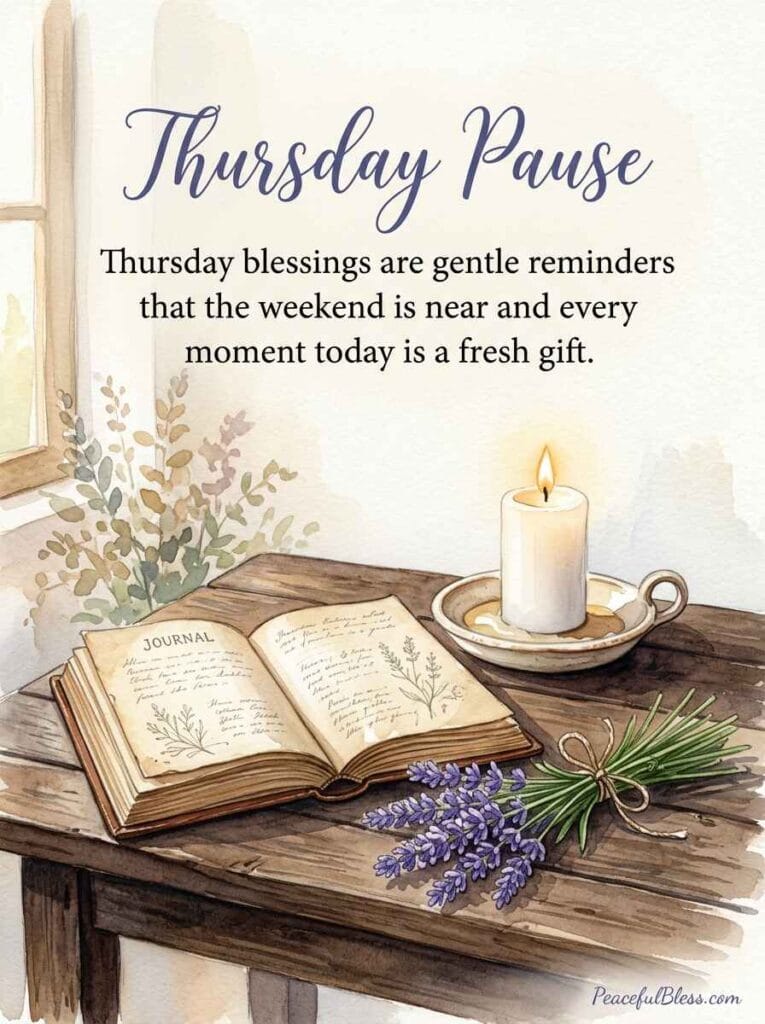 A delicate watercolor painting of a lit candle, lavender sprigs, and an open vintage book on a soft cotton cloth, representing Thursday morning reflection.