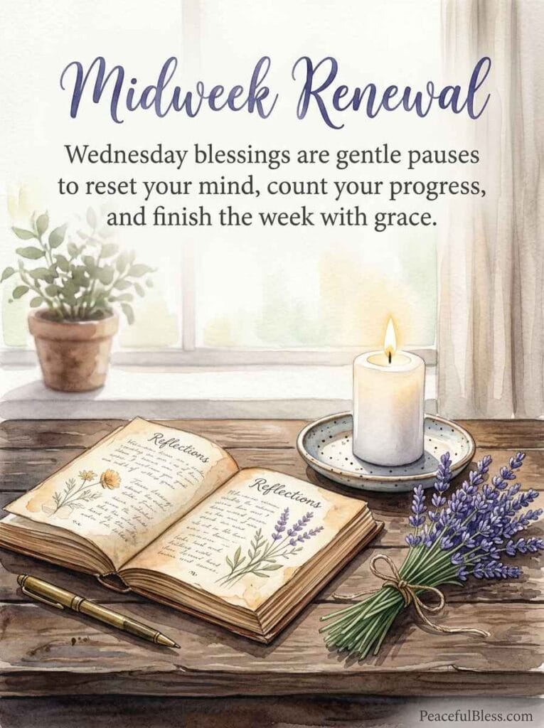 A delicate watercolor painting of a lit candle, lavender sprigs, and an open vintage book on a soft cotton cloth, representing mid-week mindfulness.