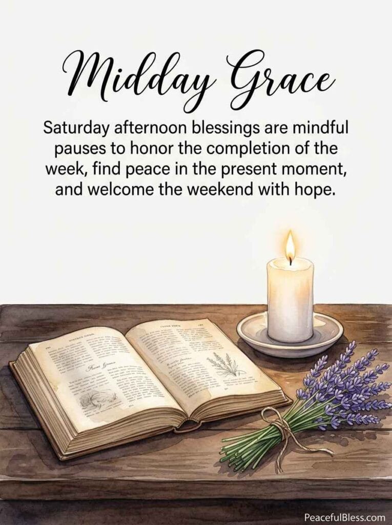 A delicate watercolor painting of a lit candle, lavender sprigs, and an open vintage book on a soft cotton cloth, representing a Saturday mid-day pause and spiritual rest.
