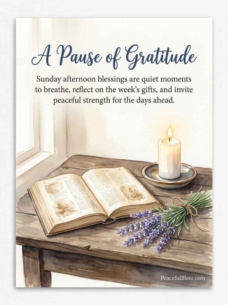 A gentle watercolor painting of an open vintage book, a burning pillar candle, and lavender sprigs on a soft wooden table, representing Sunday reflection and quiet rest.