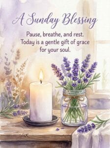 A delicate watercolor painting of a glowing candle next to a glass of water and a small bunch of lavender, symbolizing peace and gratitude.
