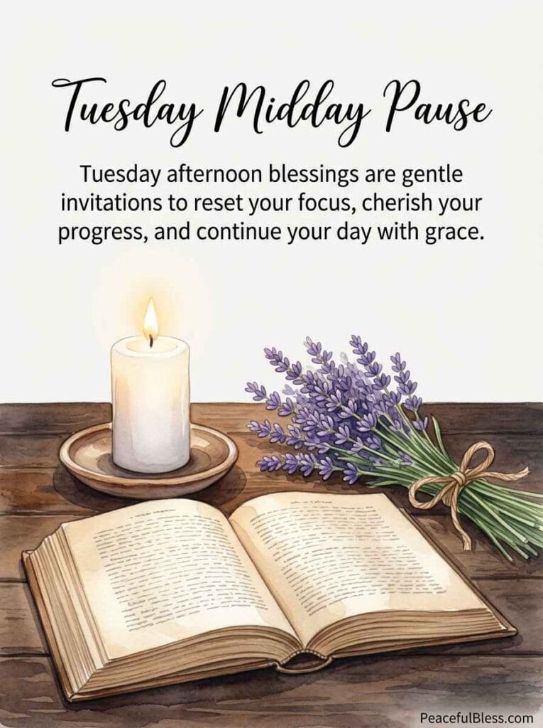 A delicate watercolor painting of a lit candle, lavender sprigs, and an open vintage book on a soft cotton cloth, representing a Tuesday mid-day pause.