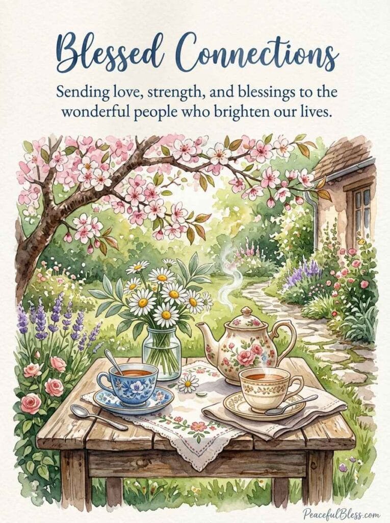A heartwarming watercolor painting of a garden table decorated with teacups and wildflowers, representing community and support.