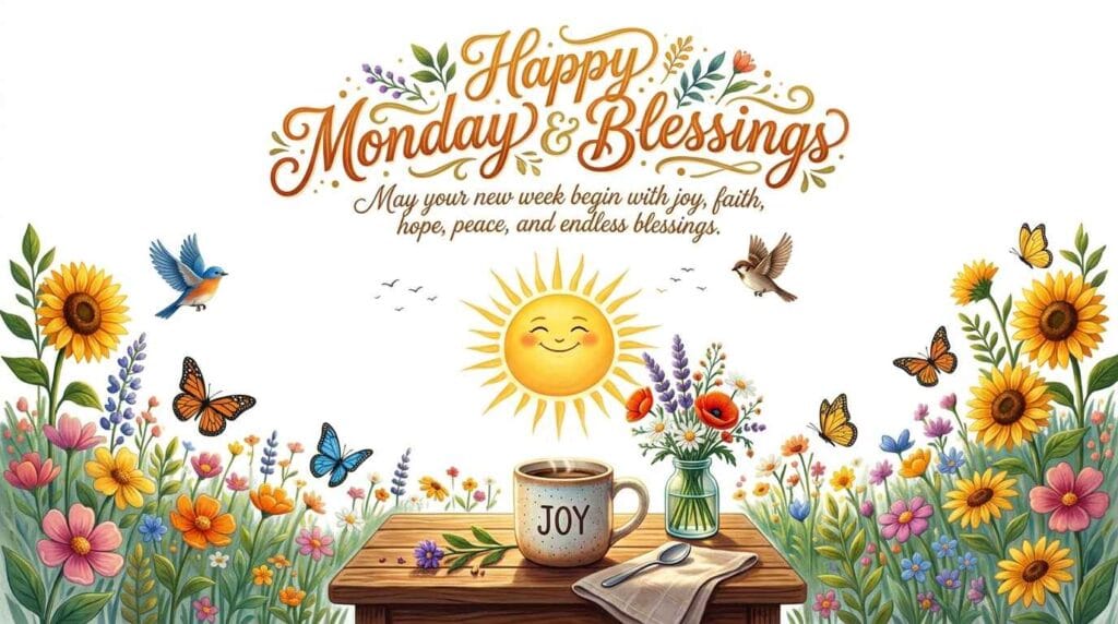 A beautiful, colorful morning greeting card celebrating Monday blessings and new weekly beginnings.