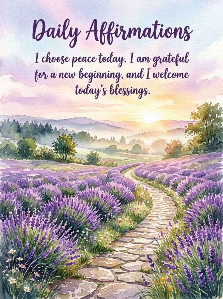 A soothing watercolor image of a peaceful stone pathway leading through a field of lavender toward rolling hills.