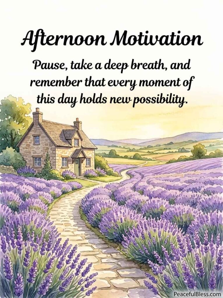 A soothing watercolor image of a peaceful stone pathway leading past a cozy cottage through fields of lavender under warm afternoon rays.