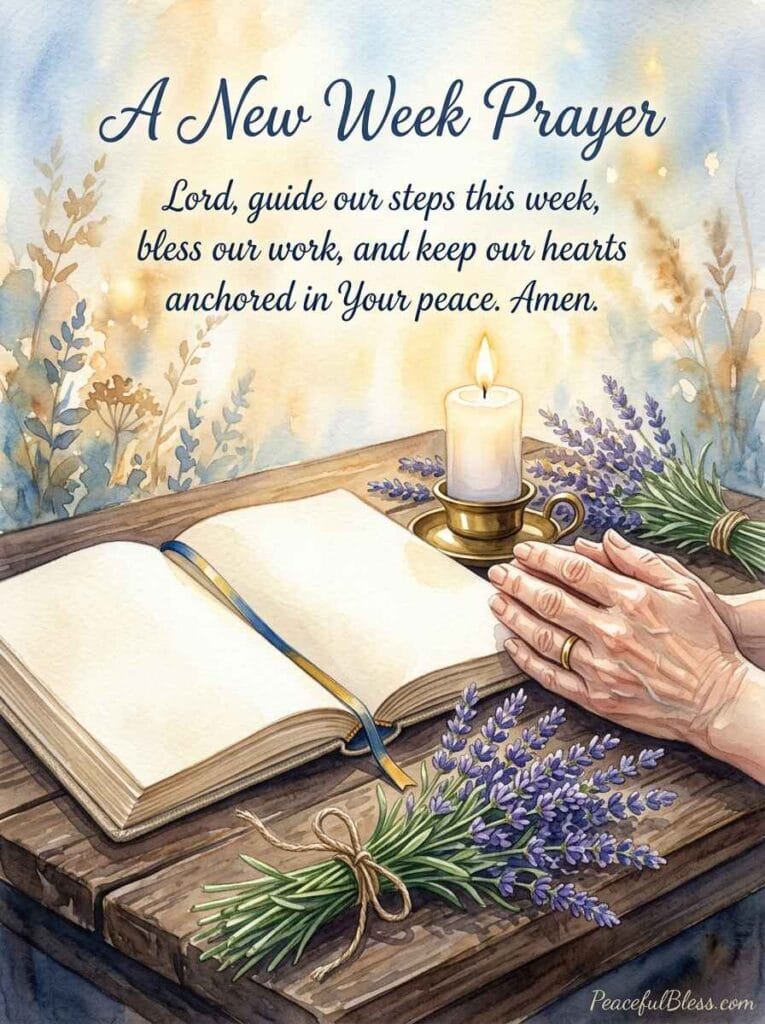 A deeply peaceful watercolor illustration of an open linen journal surrounded by lavender and a glowing white candle for a Monday morning prayer.