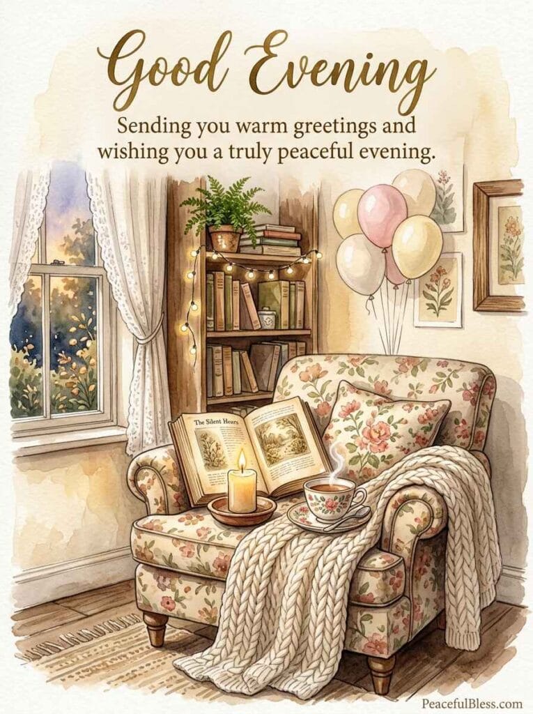A lighthearted watercolor illustration of a cozy reading nook with a lit candle, a teacup, and a couple of floating pastel balloons.