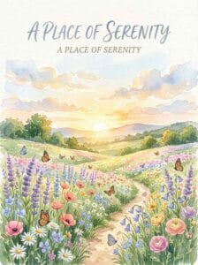 A tranquil watercolor meadow path filled with wildflowers and butterflies under a sunrise, featuring the text A Place of Serenity.