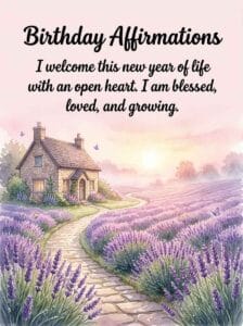 A soothing watercolor image of a peaceful stone pathway leading past a cozy stone cottage through a field of lavender.
