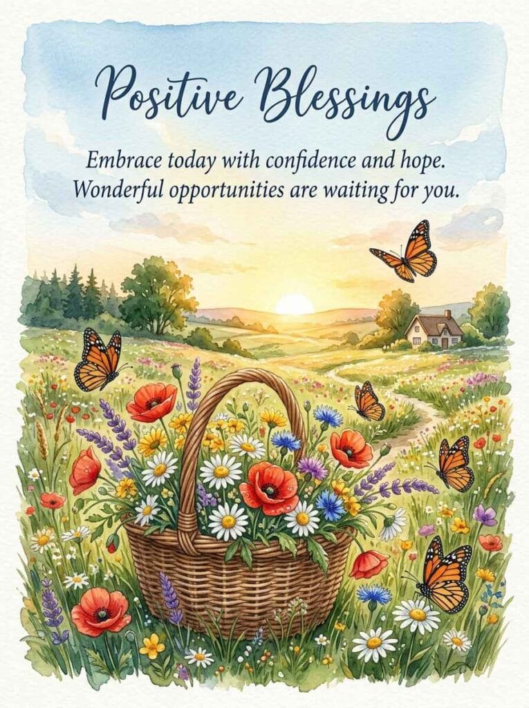 A cheerful watercolor illustration of a wicker basket filled with colorful wildflowers in a sunny meadow under a warm sky.