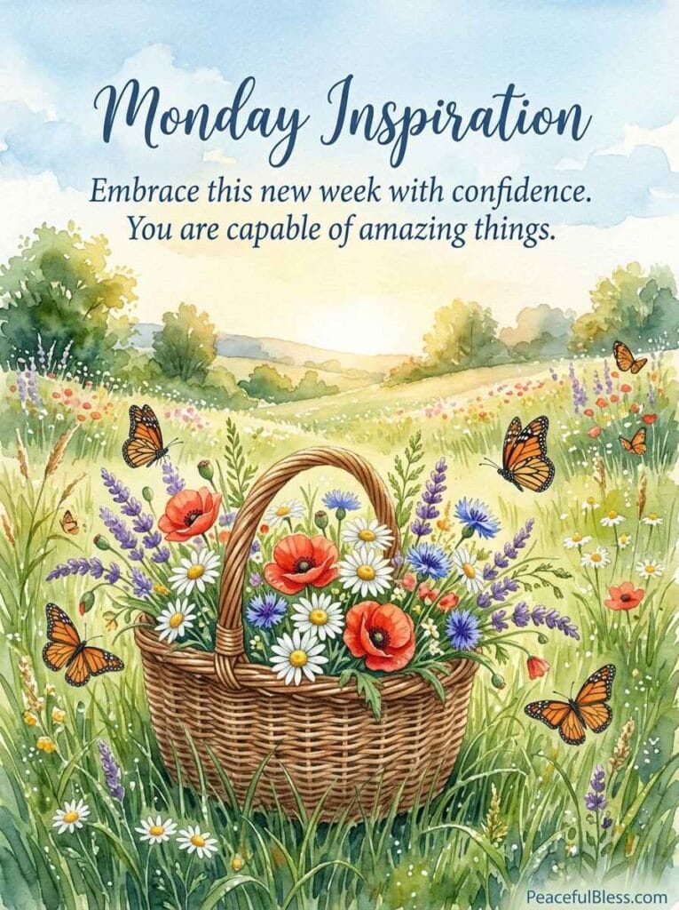 A cheerful watercolor illustration of a wicker basket filled with vibrant wildflowers on a sunny meadow hill under a warm sky.