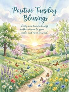 A scenic watercolor path winding through spring meadows with butterflies and the text Positive Tuesday Blessings.