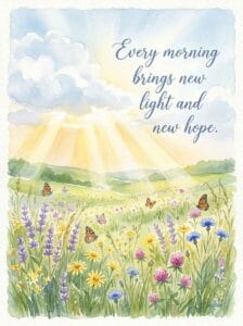Vibrant sun rays shining over a watercolor wildflower field filled with butterflies, featuring an inspirational morning hope quote.