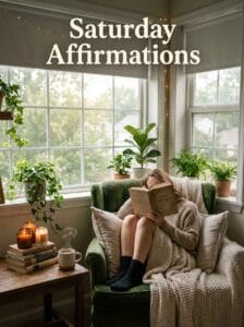 A young woman wrapped in a cozy blanket reading a book in a green armchair surrounded by houseplants and glowing candles on a wooden table, reading: Saturday Affirmations.