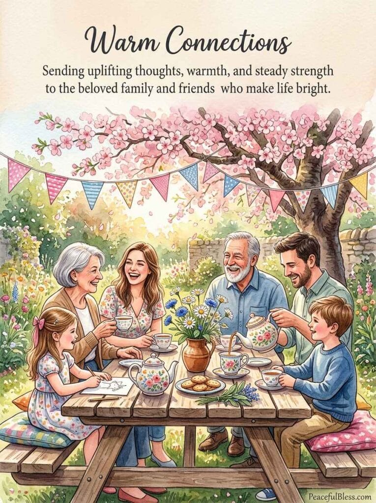 A heartwarming watercolor painting of a garden picnic table decorated with bunting and wildflowers for a family and friends Saturday gathering.