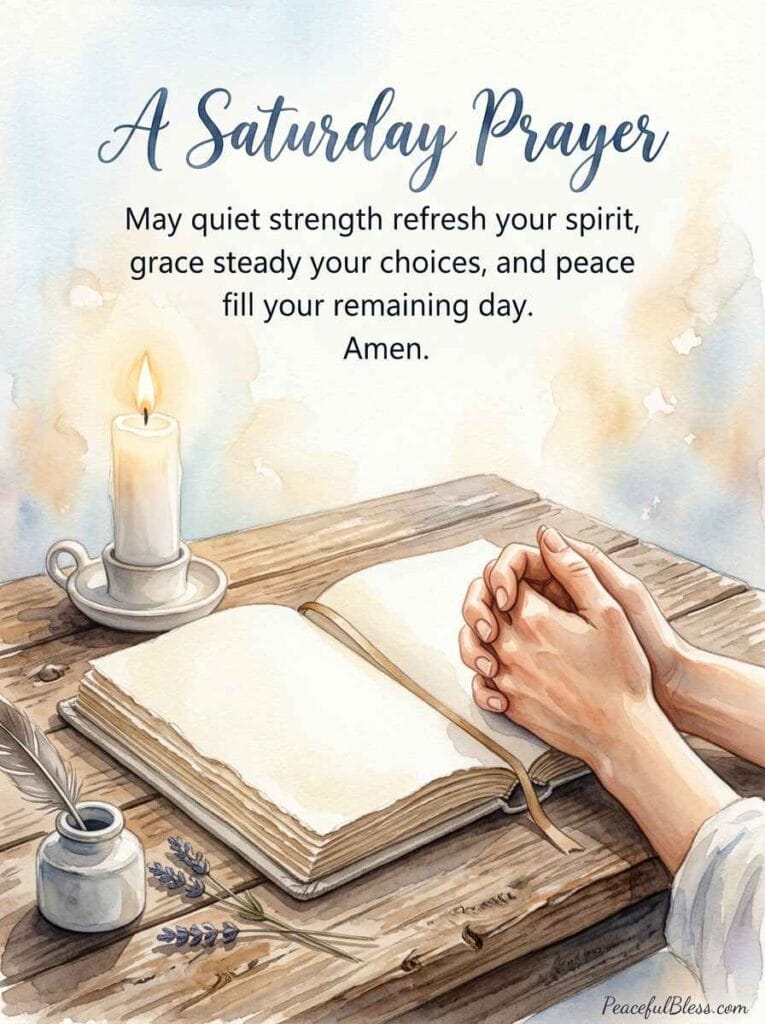 A deeply peaceful watercolor illustration of an open linen journal surrounded by lavender and a glowing white candle, representing a Saturday afternoon prayer.