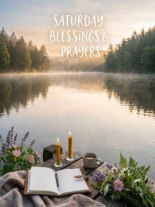 An open leather journal, two lit candles, and fresh wildflowers on a wooden dock overlooking a misty, peaceful lake at sunrise, featuring the text: Saturday Blessings & Prayers.