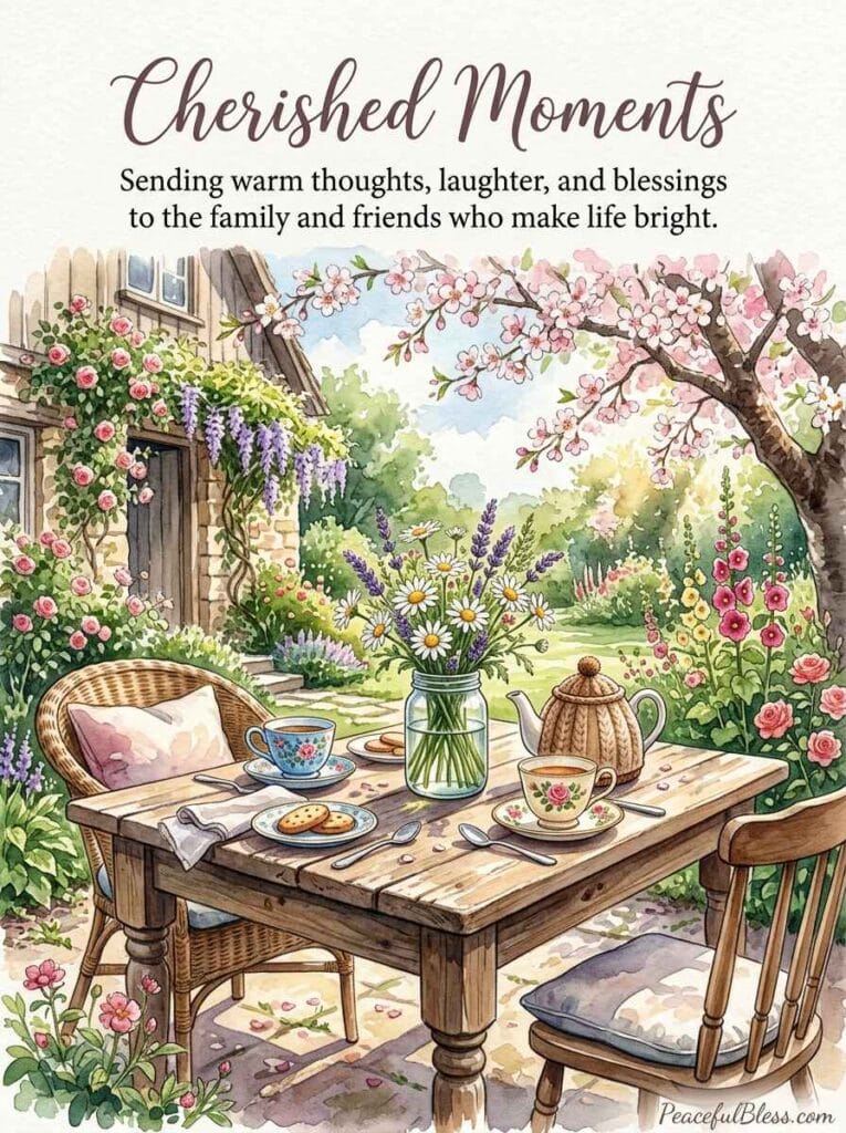 A heartwarming watercolor painting of a garden picnic table set with teacups and wildflowers, representing connection and togetherness.