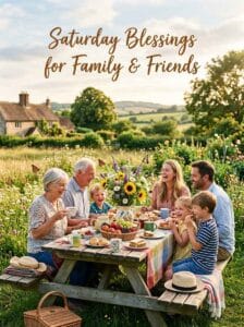 A happy multigenerational family enjoying an outdoor breakfast picnic table in a sunny wildflower meadow near a stone cottage, featuring text: Saturday Blessings for Family & Friends.