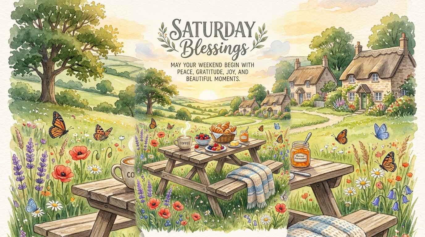 A cozy watercolor countryside illustration of a wildflower meadow with butterflies, rustic stone cottages, and a wooden picnic table spread with breakfast and coffee, featuring the text: Saturday Blessings - May your weekend begin with peace, gratitude, joy, and beautiful moments.