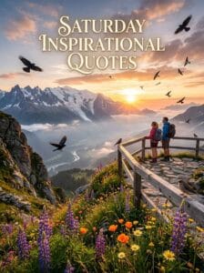A couple standing on a rustic wooden observation deck overlooking spectacular snow-capped mountains and a valley at sunrise, with text reading: Saturday Inspirational Quotes.