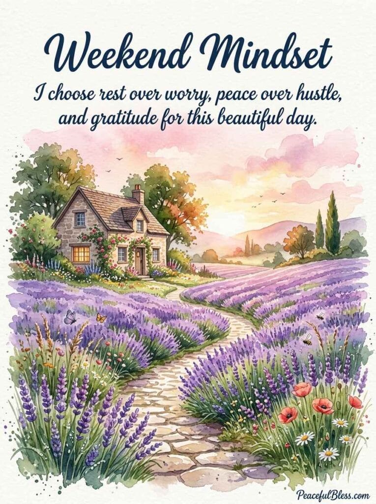 A soothing watercolor image of a peaceful stone pathway leading past a cozy cottage through fields of lavender at sunrise.