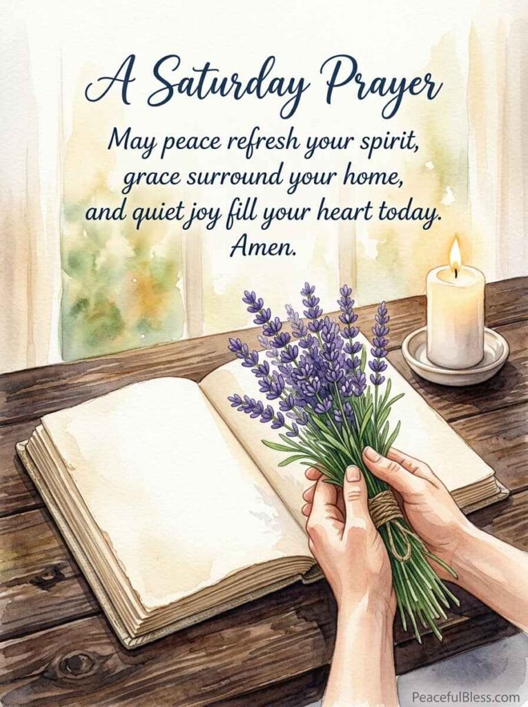 A deeply peaceful watercolor illustration of an open linen journal surrounded by lavender and a glowing white candle for a Saturday prayer.