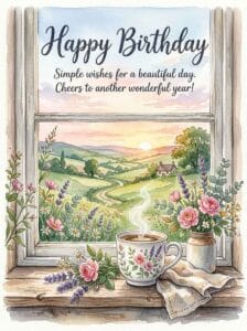 A cozy watercolor painting of a steaming floral coffee cup on a wooden windowsill at sunrise with wildflowers.