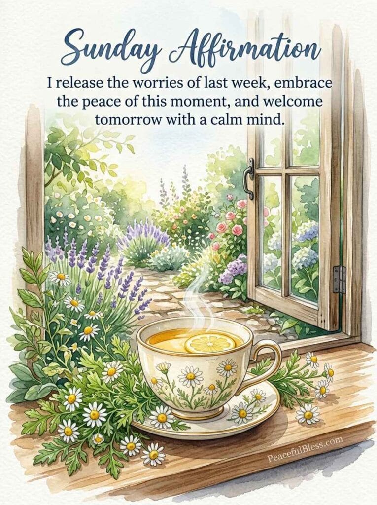 A peaceful watercolor illustration of a warm cup of herbal tea sitting beside a quiet garden window, symbolizing Sunday relaxation and self-care.