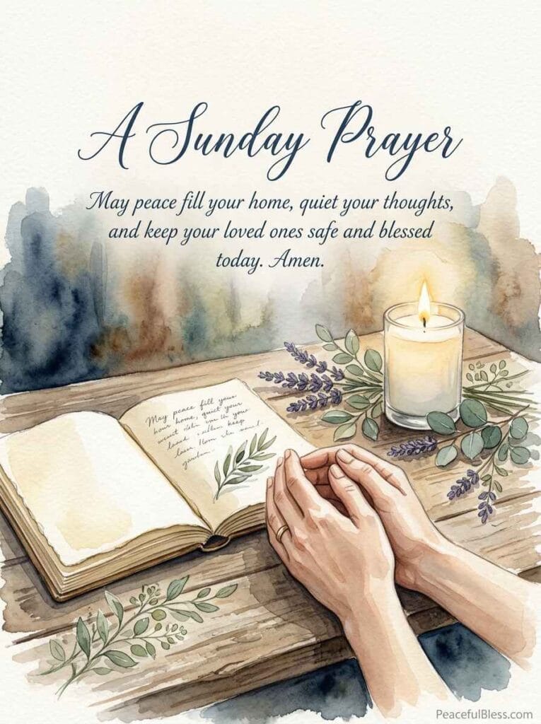 A deeply peaceful watercolor illustration of an open linen journal surrounded by lavender sprigs and a softly glowing candle, representing a Sunday afternoon prayer.