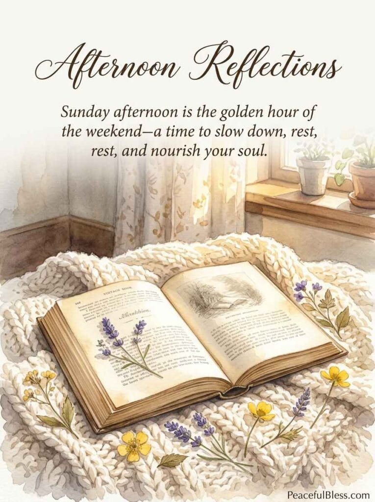 A cozy watercolor reading nook featuring an open vintage book on a cream chunky knit blanket with pressed flowers.