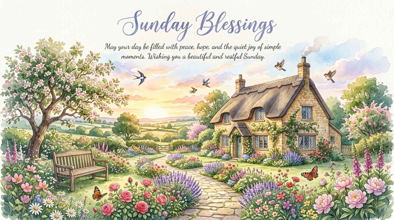 A cozy watercolor illustration of a sun-drenched cottage garden with an open bible or journal on a rustic table.