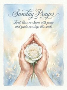 An ethereal watercolor depiction of folded hands softly holding a white rose, surrounded by a warm, spiritual light.