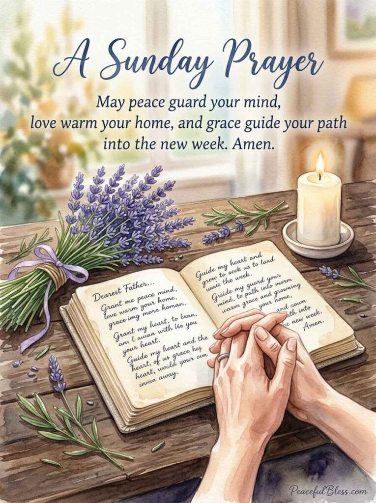 A deeply peaceful watercolor illustration of an open linen journal surrounded by lavender and a glowing white candle for a Sunday prayer.