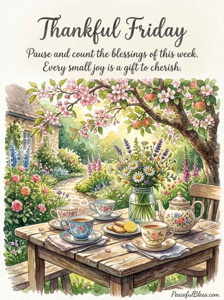 A heartwarming watercolor painting of a garden table set with teacups and wildflowers, representing gratitude and connection.