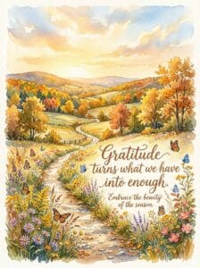An autumn watercolor landscape showing a winding country path through golden trees and wildflower fields, featuring the text Gratitude turns what we have into enough.