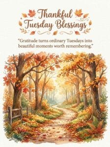 Watercolor autumn walking trail surrounded by golden fall leaves and trees with the title Thankful Tuesday Blessings.