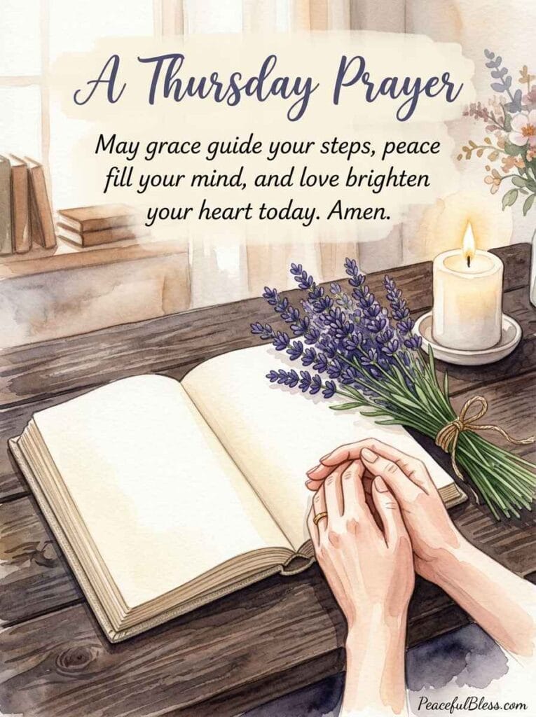 A deeply peaceful watercolor illustration of an open linen journal surrounded by lavender and a glowing white candle for a Thursday morning prayer.