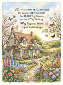 A charming watercolor stone cottage surrounded by a lush English garden full of colorful flowers, singing birds, and butterflies under a clear blue sky, with an encouraging morning blessing.